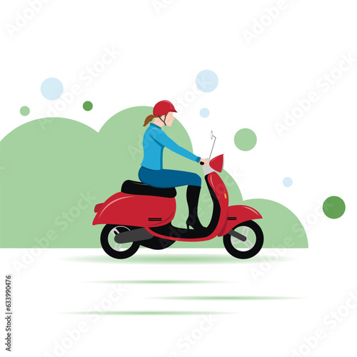 The girl quickly rides on a red scooter. Life style. Vector illustration.