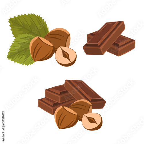 Hazelnut and chocolate bar, collection of decorative isolated elements, vector illustration.