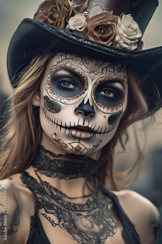 Sugar skull makeup. Halloween party, traditional Mexican carnival, Santa Muerte. Beautiful young woman costume, painted face. Dia de muertos.