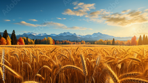 Autumn's Bounty: A scenic image of a golden wheat field set against the vibrant backdrop of trees displaying their fall foliage 