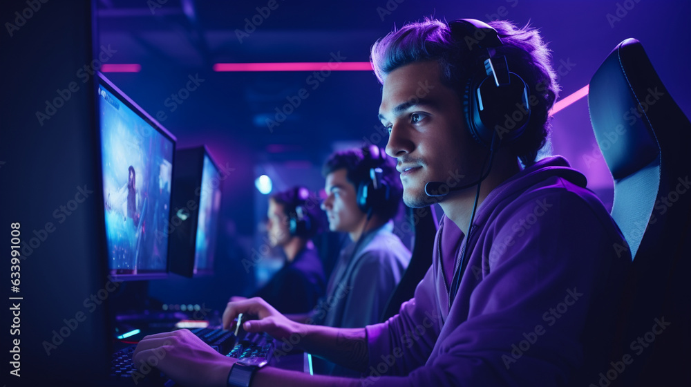 The gamer wearing a headset with a built-in microphone, communicating with teammates The gamer wearing a headset with a built-in microphone, communicating with teammates