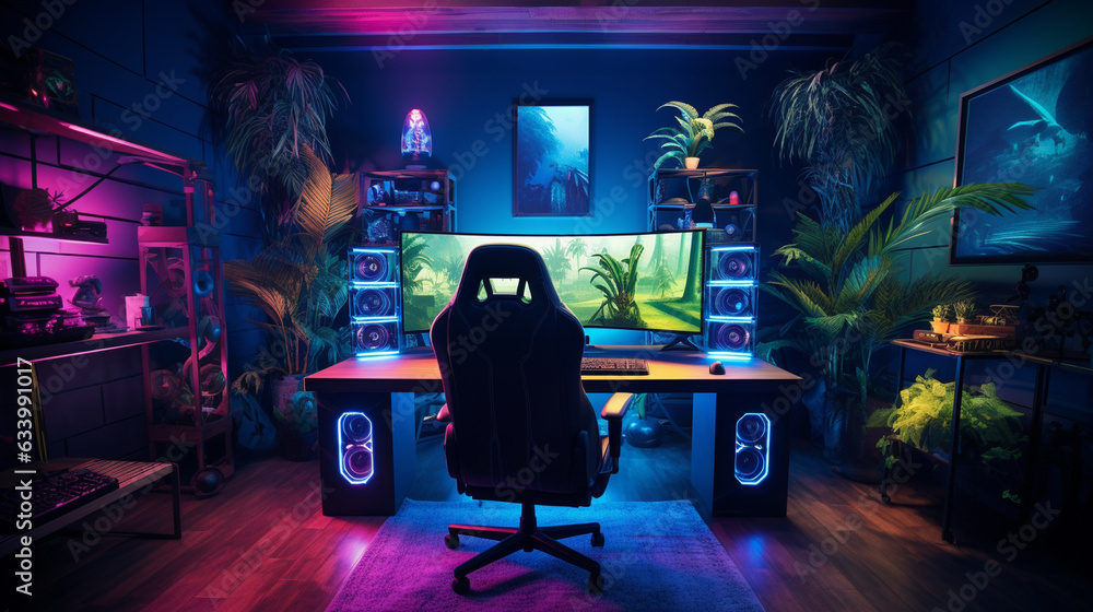 The computer's RGB lighting adding a futuristic glow to the gaming setup 