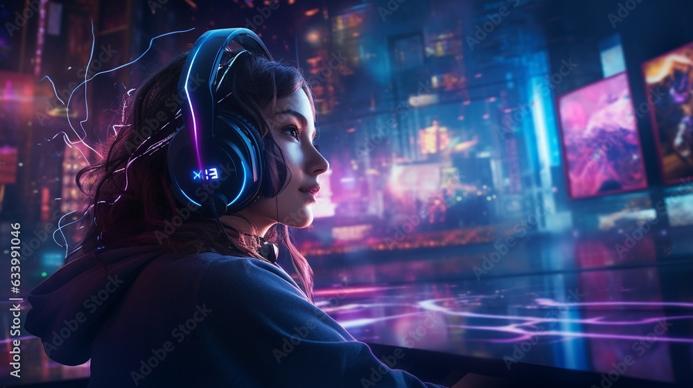 The gamer wearing gaming headphones, immersed in the captivating soundscapes 