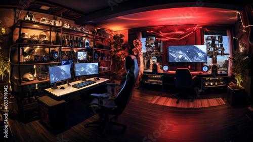 A panoramic view of the gaming room, showcasing the computer rig and peripherals 