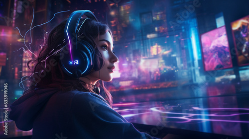 The gamer wearing gaming headphones, immersed in the captivating soundscapes  photo