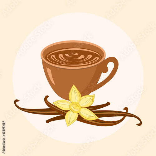 Cup of coffee and vanilla, vanilla flavored drink, vector illustration.