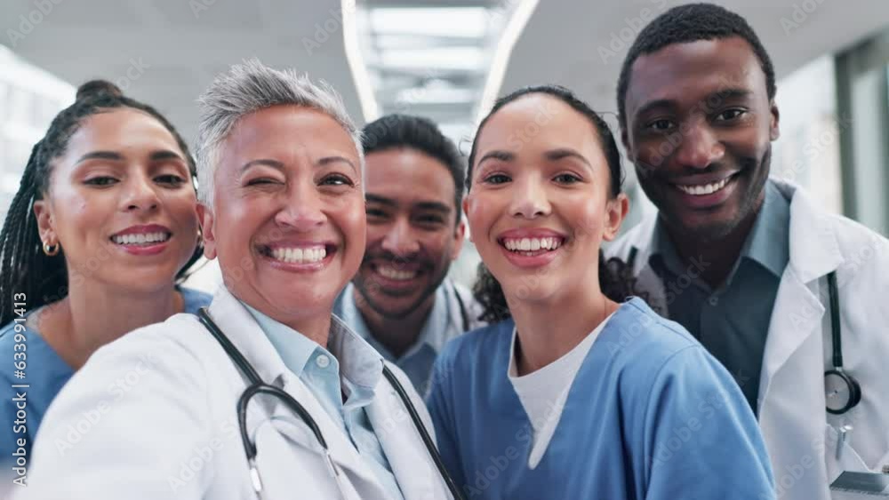 Doctor, face or team selfie at hospital for social media app, profile picture or about us post online. Portrait, smile or happy medical workers in photo for internet or web for networking in clinic Doctor, face or team selfie at hospital for social media app, profile picture or about us post online. Portrait, smile or happy medical workers in photo for internet or web for networking in clinic