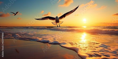 AI Generated. AI Generative. Beautifil sea nautical sunset beach island with seagull bird. Graphic Art