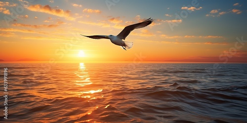 AI Generated. AI Generative. Beautifil sea nautical sunset beach island with seagull bird. Adventure promotion background © Graphic Warrior