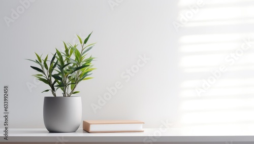 wall art mockup with green plant, white wall and shelf