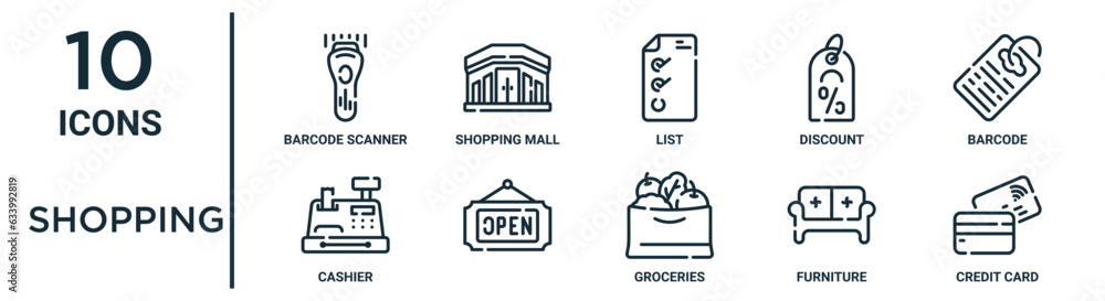 shopping outline icon set such as thin line barcode scanner, list ...