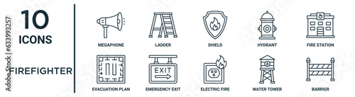 Photographie firefighter outline icon set such as thin line megaphone, shield, fire station,