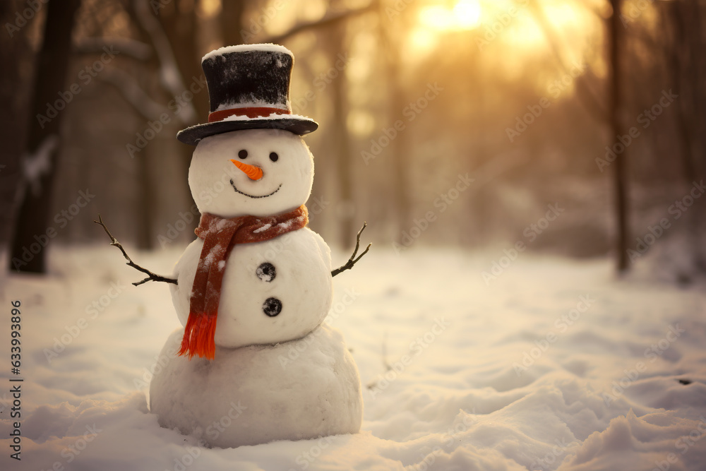 Snowman with a carrot nose, hat, scarf, coal buttons and stick arms standing outside on a winters day. Concept of winter, snow and childhood. Shallow field of view. Snowman with a carrot nose, hat, scarf, coal buttons and stick arms standing outside on a winters day. Concept of winter, snow and childhood. Shallow field of view.