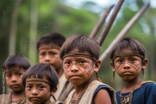 Obraz na płótnie Amazonia native tribe children. Generate Ai