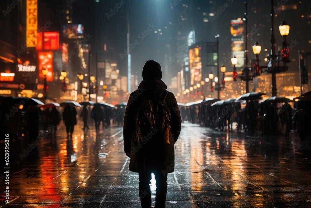 City Elegance in Rain: Feet and Umbrella on Wet Pavement, Embracing the Lower Half Generative AI
