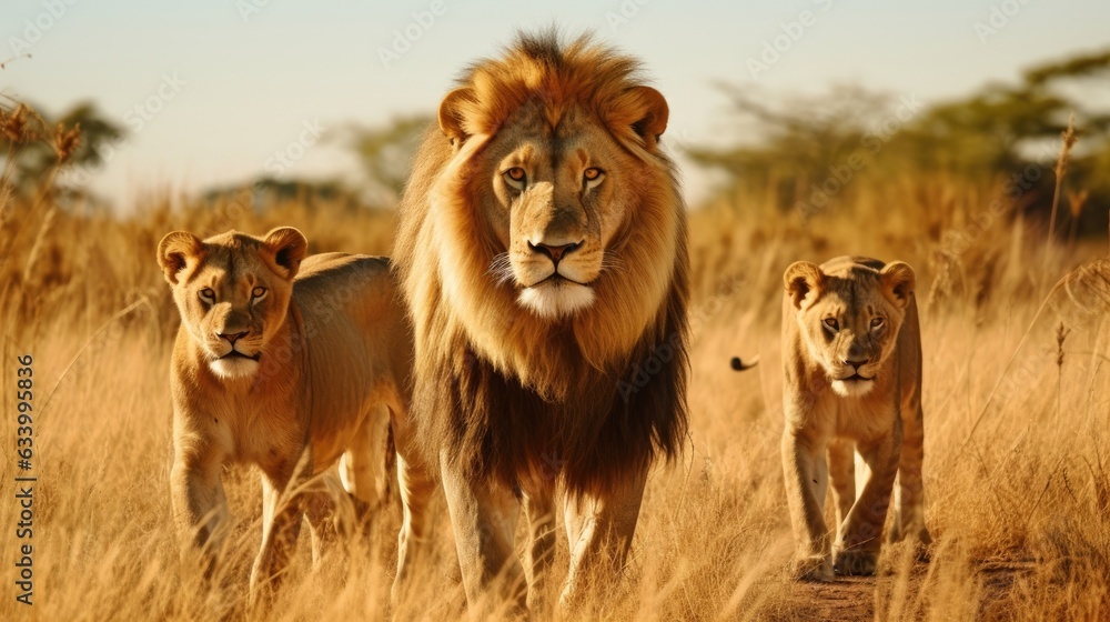Lions roam freely in the African savannah. Lions roam freely in the African savannah.