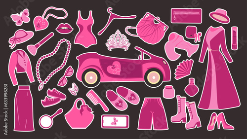 A set of accessories for the doll in pink. Stickers