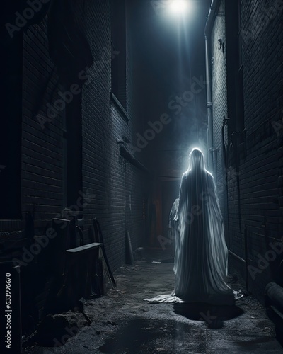 Encountering a ghostly figure in a dark alley.