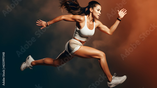 Active female athlete running mid air in a vigorous trining session photo