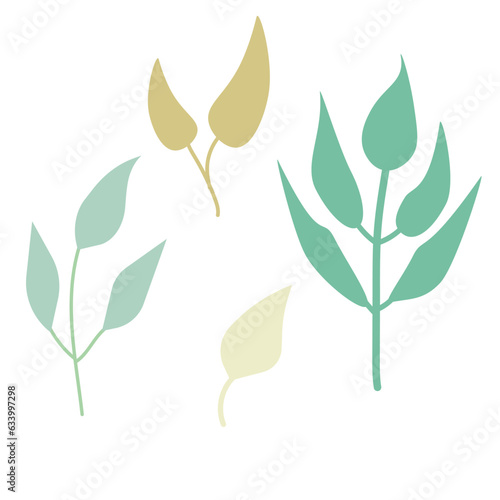 Set of simple grass  branch  leaves. Vector flat design.