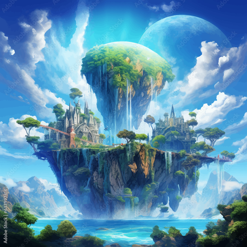 Fantasy island floating in the blue sky. City in the clouds. Temple on ...