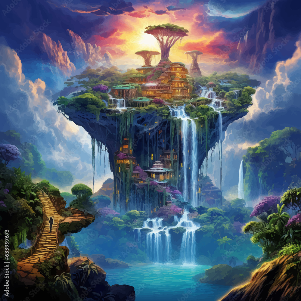 Fantasy island floating in the blue sky. City in the clouds. Temple on ...