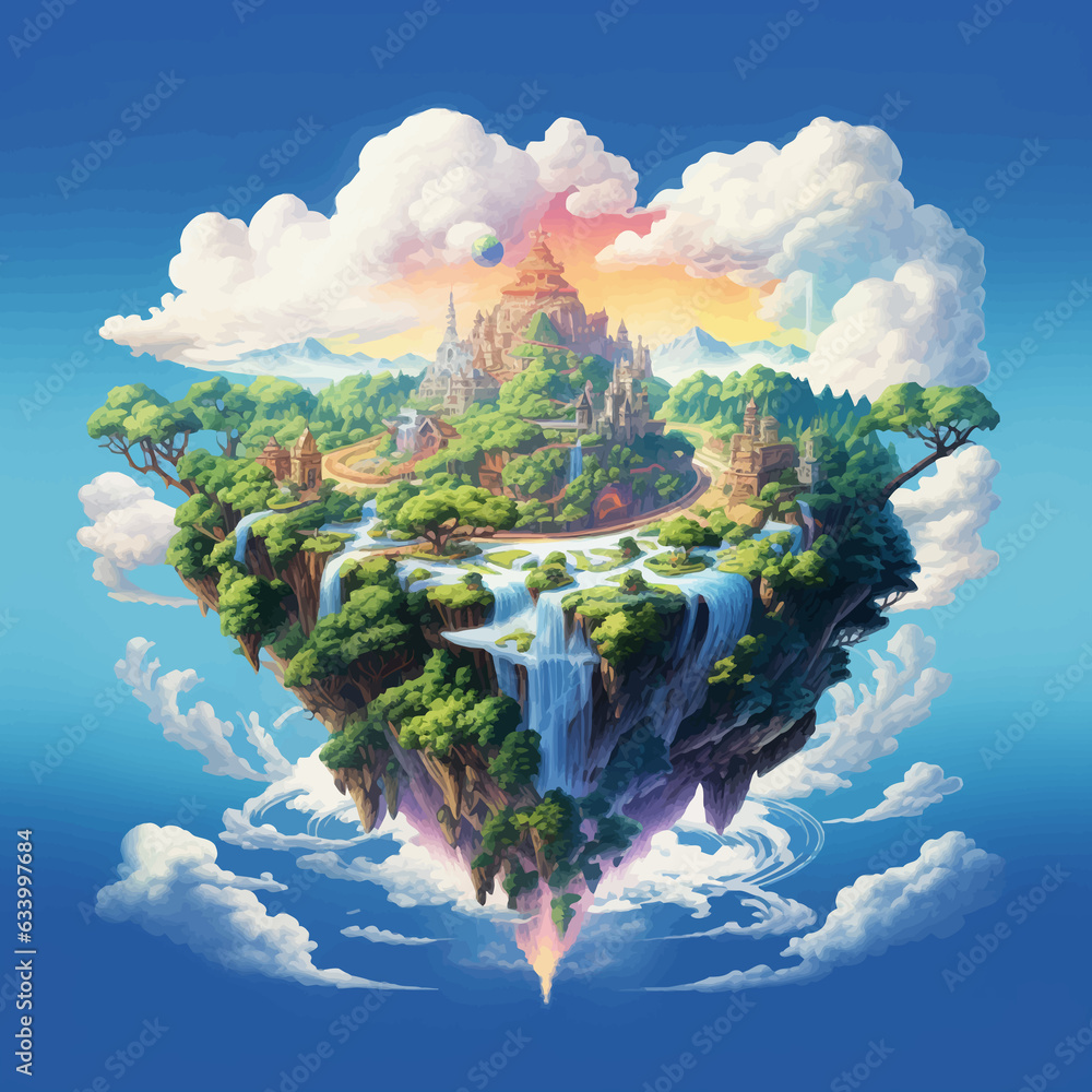 Fantasy island floating in the blue sky. City in the clouds. Temple on ...