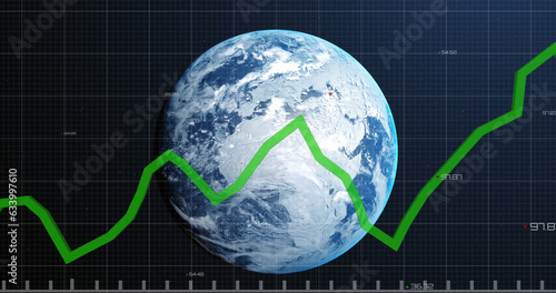 Image of financial data processing with green line over globe