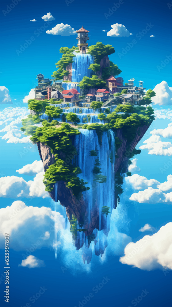 Fantasy island floating in the blue sky. City in the clouds. Temple on ...