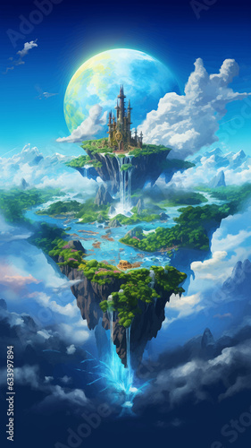 Fantasy island floating in the blue sky. City in the clouds. Temple on top of mountain. Beautiful Waterfalls in the mountains. Tropical rainforest. Big tree. Castle in the sky. Fairy kingdom. Vector