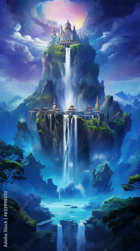 Fantasy island floating in the blue sky. City in the clouds. Temple on ...