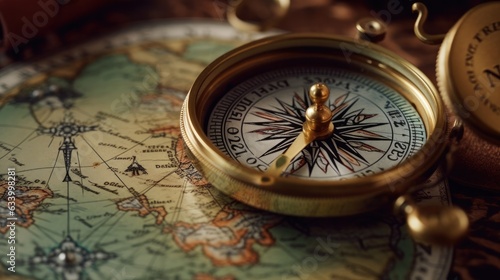 Magnetic compass on world map. Adventure, discovery, navigation, communication, logistics, geography, transport and travel theme concept background.