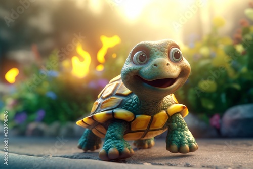 Turtle running on a treadmill. A cheerful little turtle. 3D rendering of a cute little turtle. photo