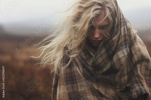 Young highlander woman in autumn setting. Her blonde hair caught by the wind. Her closed eyes suggest a moment of introspection.