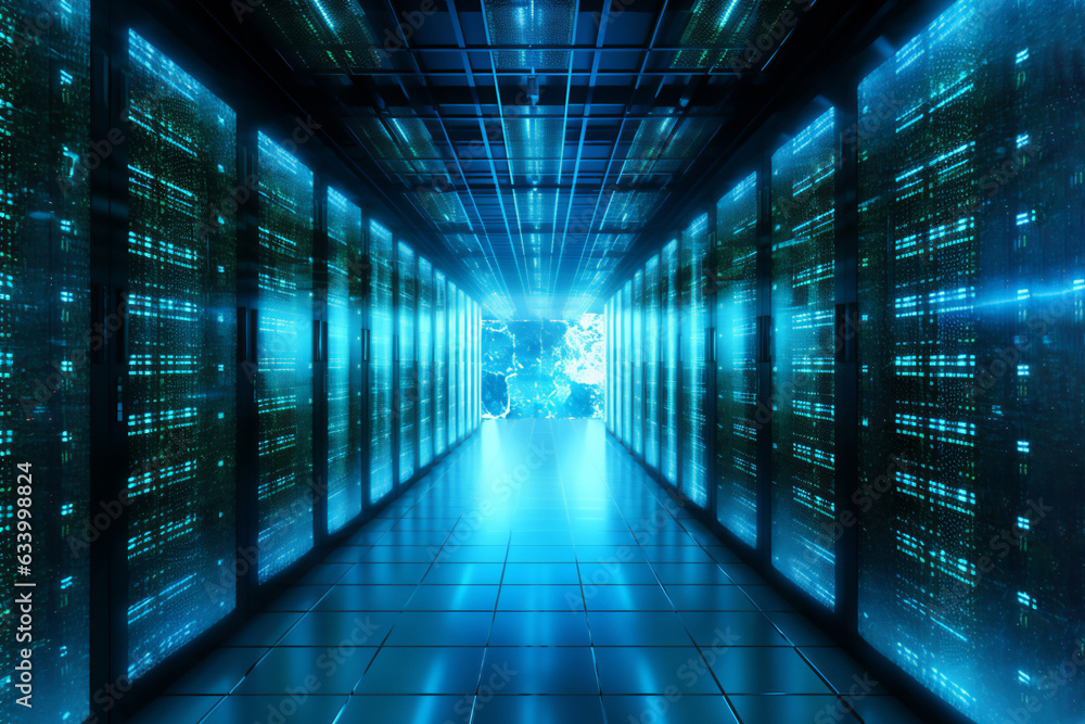 Fototapeta premium Cloud storage big data centre for storing backup files and security at a network database through the internet when browsing online, computer Generative AI stock illustration image