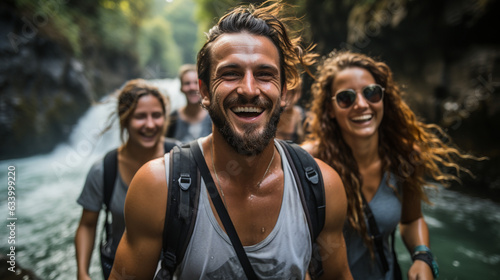 Happy people walking near the river. Travel concept. Generative Ai © Vika art