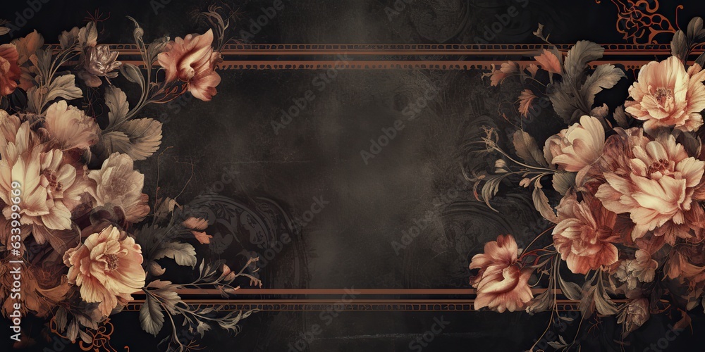 AI Generated. AI Generative. Vintage retro antique floral flowers pland frame in baroque style mock up background. Graphic Art - obrazy, fototapety, plakaty 