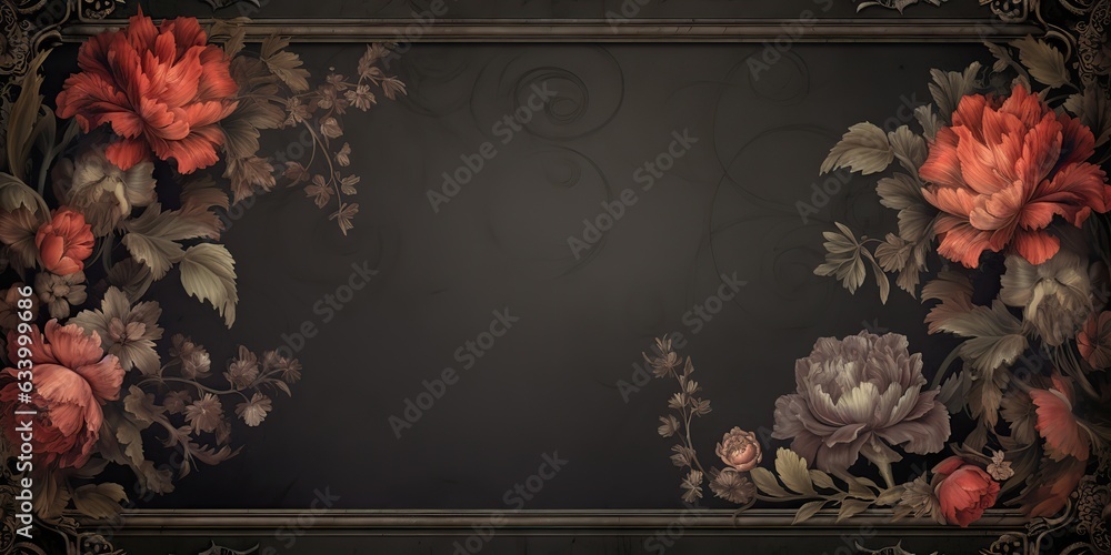AI Generated. AI Generative. Vintage retro antique floral flowers pland frame in baroque style mock up background. Graphic Art - obrazy, fototapety, plakaty 