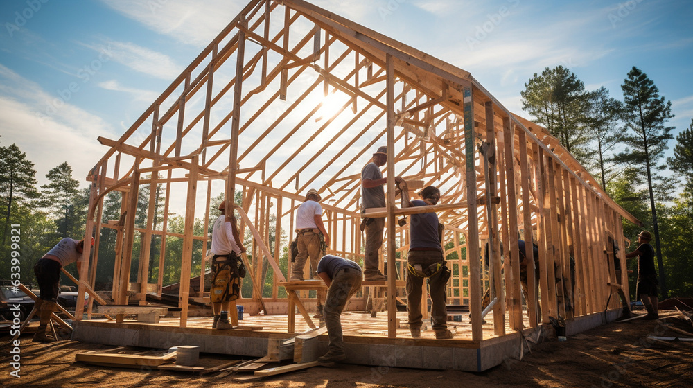 Builders assembling the wooden framework of the house, creating the ...