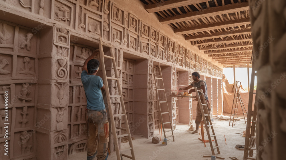 The house's walls being meticulously crafted by builders, ensuring precise alignment 