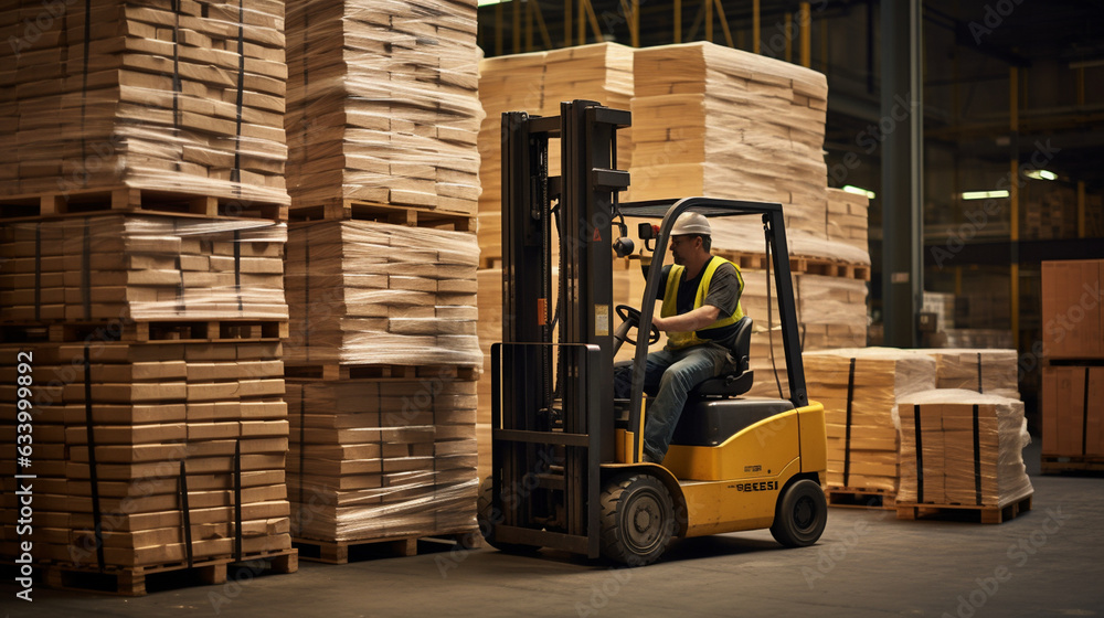 A warehouse worker expertly maneuvering a forklift, stacking pallets with precision 