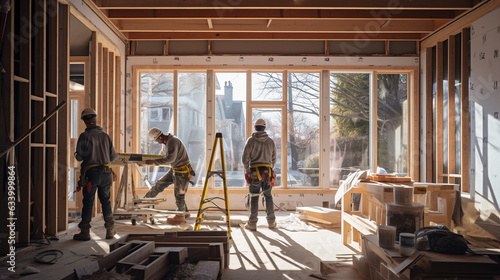Builders installing large windows, allowing natural light to flood the interior  photo
