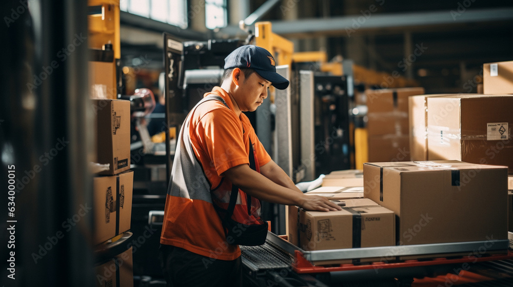 The warehouse worker skillfully using packing machinery to secure fragile items for shipping The warehouse worker skillfully using packing machinery to secure fragile items for shipping