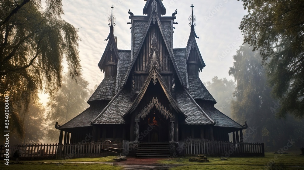 Old Christian wooden church. Created using Generative AI technology. Old Christian wooden church. Created using Generative AI technology.