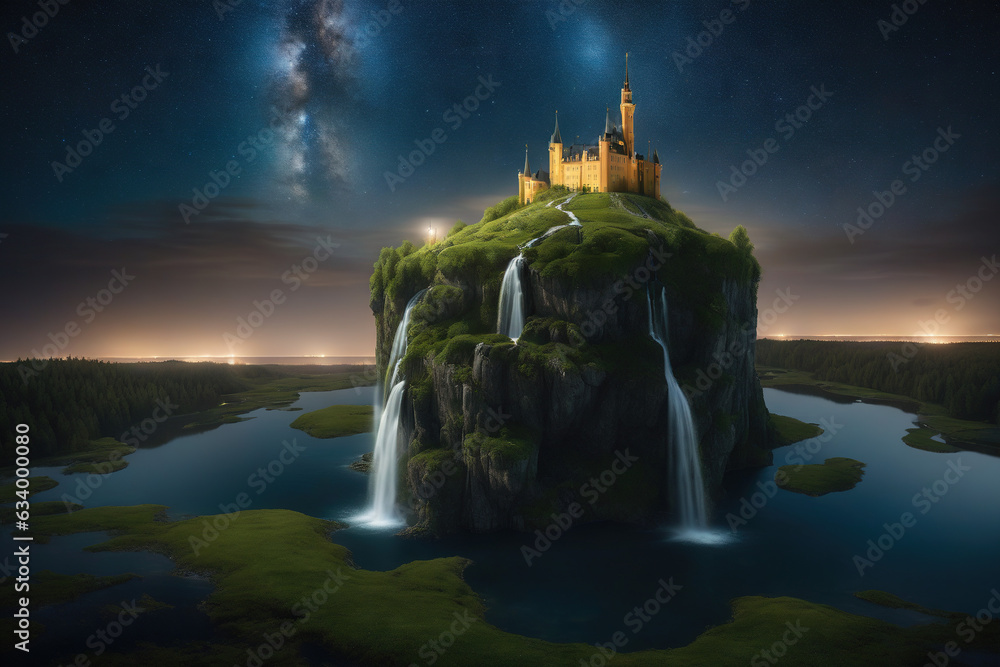 A Fantasy Castle on a Cliff at Night