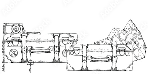 Ink hand drawn vector sketch. Illustration with set of retro vintage old suitcases luggage baggage with stickers, key and map. Design for tourism, travel, brochure, wedding, guide, print, card, tattoo