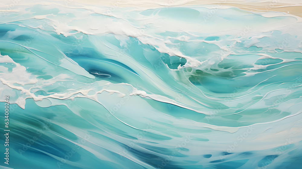Oil painting on canvas of deep aquamarine sea. Beautiful artwork of ocean wave
