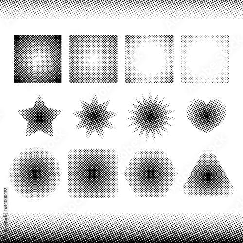 A collection of different shapes and edge halftone effects. Dot effect illustration.