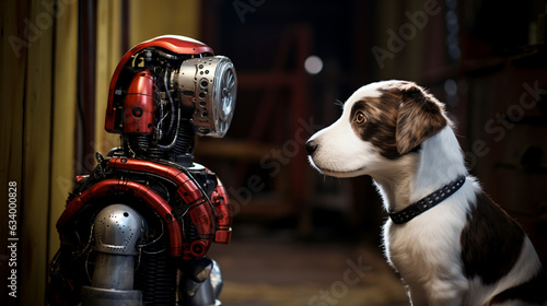 a dog looks at a robot pet