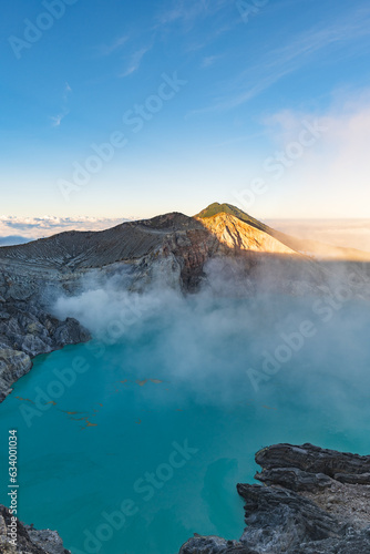 Mount Ijen, a volcano and sulphur mine located near Banyuwangi in East Java, Indonesia. Ijen crater is a famous touristic destination for tourists in Java island, Indonesia.